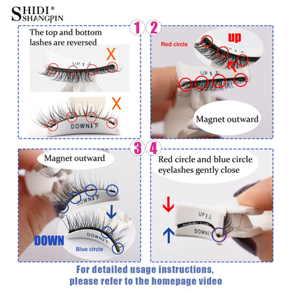 Step-by-step visual guide demonstrating how to correctly apply Hot 1 Pair Magnetic Eyelashes Handmade Fluffy Faux Mink Lashes Reusable Natural False Eyelashes and Magnetic Tweezers Set Makeup using red and blue circle magnets for proper alignment and secure fit.