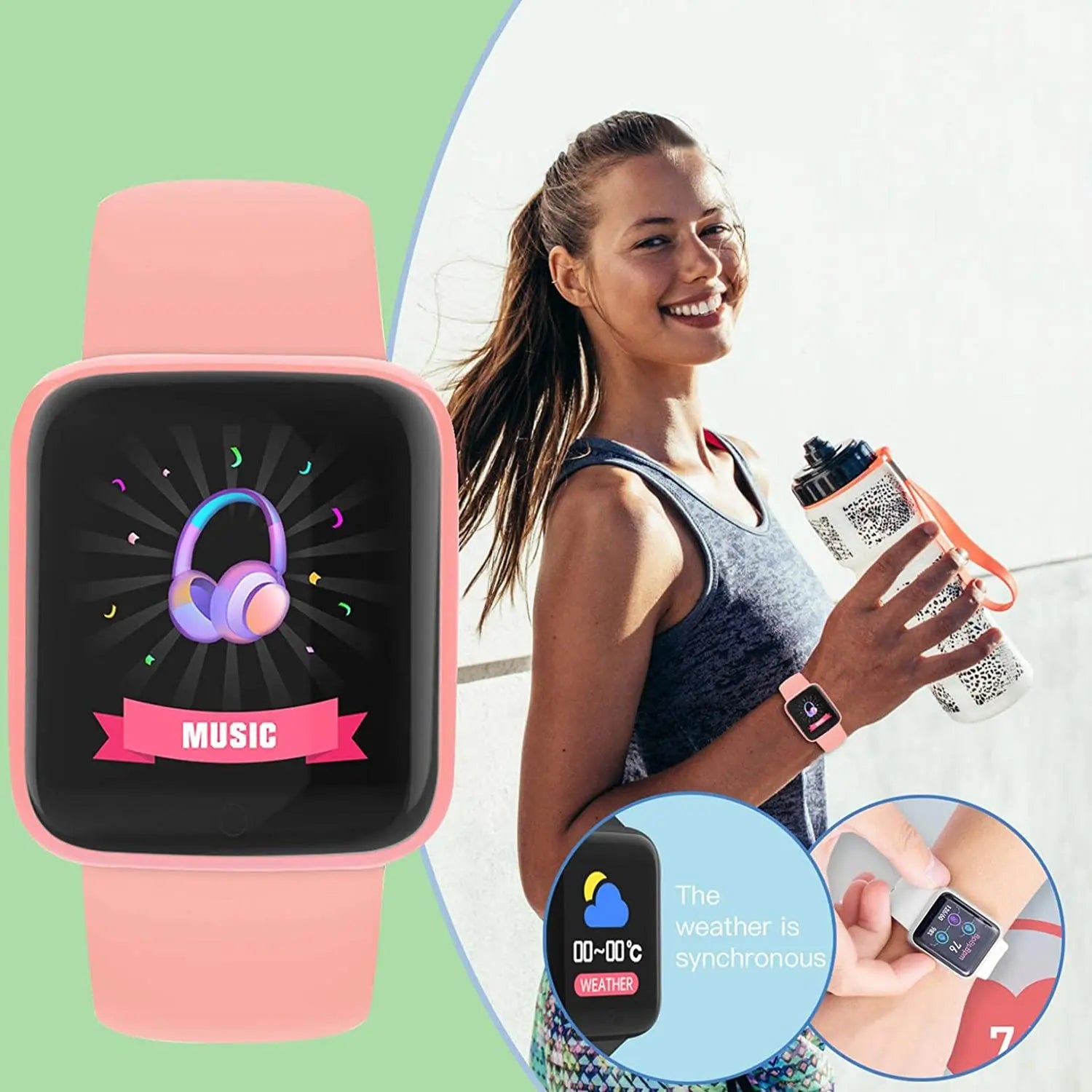 Multifunctional Smart Watch Men Women Bluetooth Connected Phone Music Fitness Sports Bracelet Sleep Monitor Y68 Smartwatch D20 in pink, shown on a woman exercising and holding a water bottle, highlighting music and weather features.