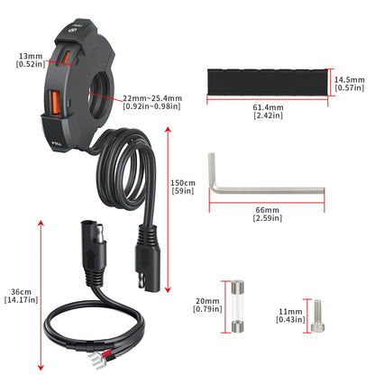 Extractme QC3.0 Motorcycle USB Charger 30W USB Fast Charger Waterproof Handlebar Mounting Bracket Charger for Bike Digital Camer