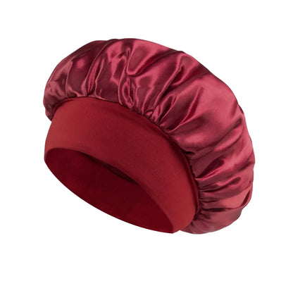 Women Satin Bonnet Hair Bonnet for Sleeping Hair Care Silk Bonnets Solid Wide-brimmed Sleeping Hat with Elastic Soft Band in deep red satin for comfortable hair protection during sleep.