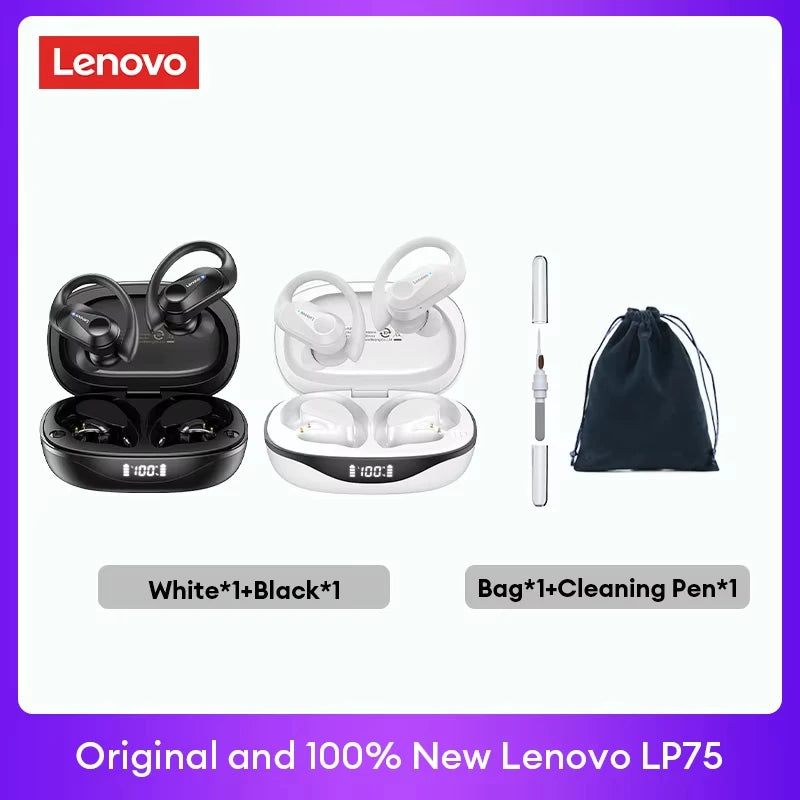 Original Lenovo LP75 TWS Bluetooth V5.3 Headphones Wireless LED Digital Display Earphones Noise Reduction Waterproof Headset New shown in black and white with charging cases, cleaning pen, and carrying bag.