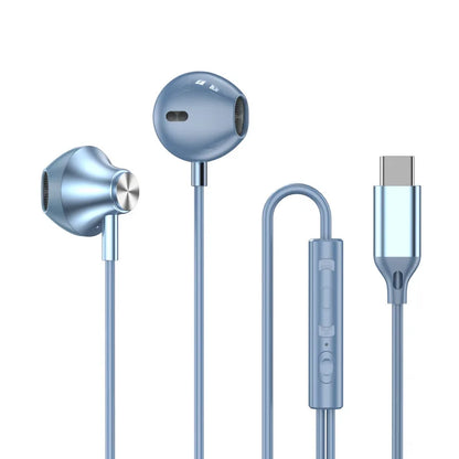 For Samsung Headphones HiFi Surround Sound In-ear USB Type C 3.5mm With wire control Wired Earplugs For Galaxy S24 S23 S22 Ultra in metallic blue with inline remote control and USB Type C connector.