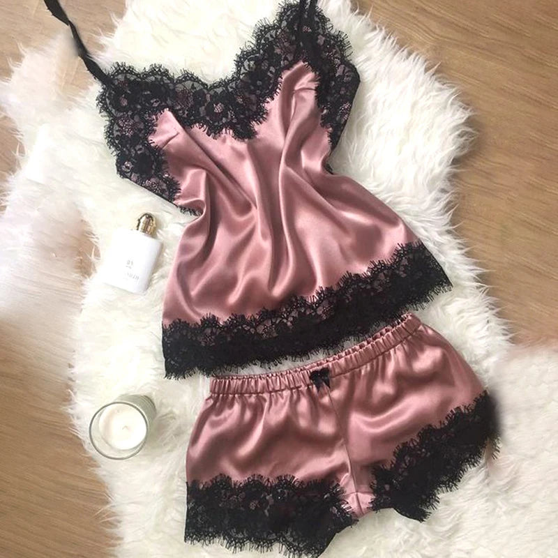 1 Set Of Sexy Women's Pajamas Sleeveless Camisole Pyjamas Lace-trimmed Satin Camisole Pyjama Set
