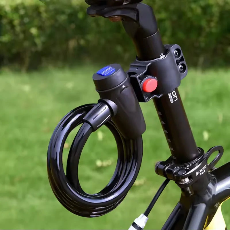 Heavy Duty Motorcycle Chain Lock 80cm Metal Anti Theft Bike Lock with 2 Keys for Maximum Security and Reinforcement of Bicycle, attached to a black bike seat post outdoors.