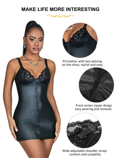 Comeondear Leather Lingerie 3XL Dress Lace Women's Nightie Set Black Nightgowns Curve Wrap Hip Nightdress Sleepwear With Zipper