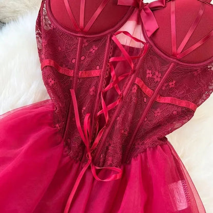Women Strap Transparent Backless Mini Dress White Lingerie Sexy Sleepwear Senior Sheer Lace Sensual Nightwear Mesh Nightgown