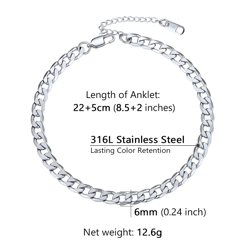 U7 Ankle Bracelets for Women 6mm Flat Curb Cuban Link Snake Figaro Mariner Link Chain Anklets Summer Beach Feet Jewelry Gift