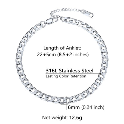 U7 Ankle Bracelets for Women 6mm Flat Curb Cuban Link Snake Figaro Mariner Link Chain Anklets Summer Beach Feet Jewelry Gift