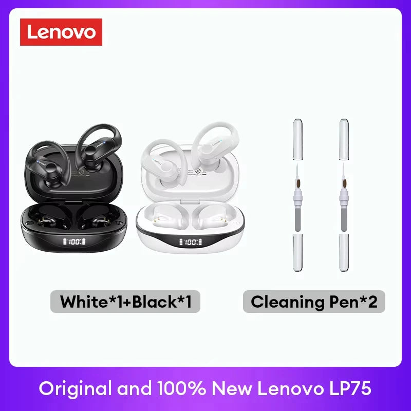 Original Lenovo LP75 TWS Bluetooth V5.3 Headphones Wireless LED Digital Display Earphones Noise Reduction Waterproof Headset New shown in black and white with charging cases and two cleaning pens for electronic items and accessories.
