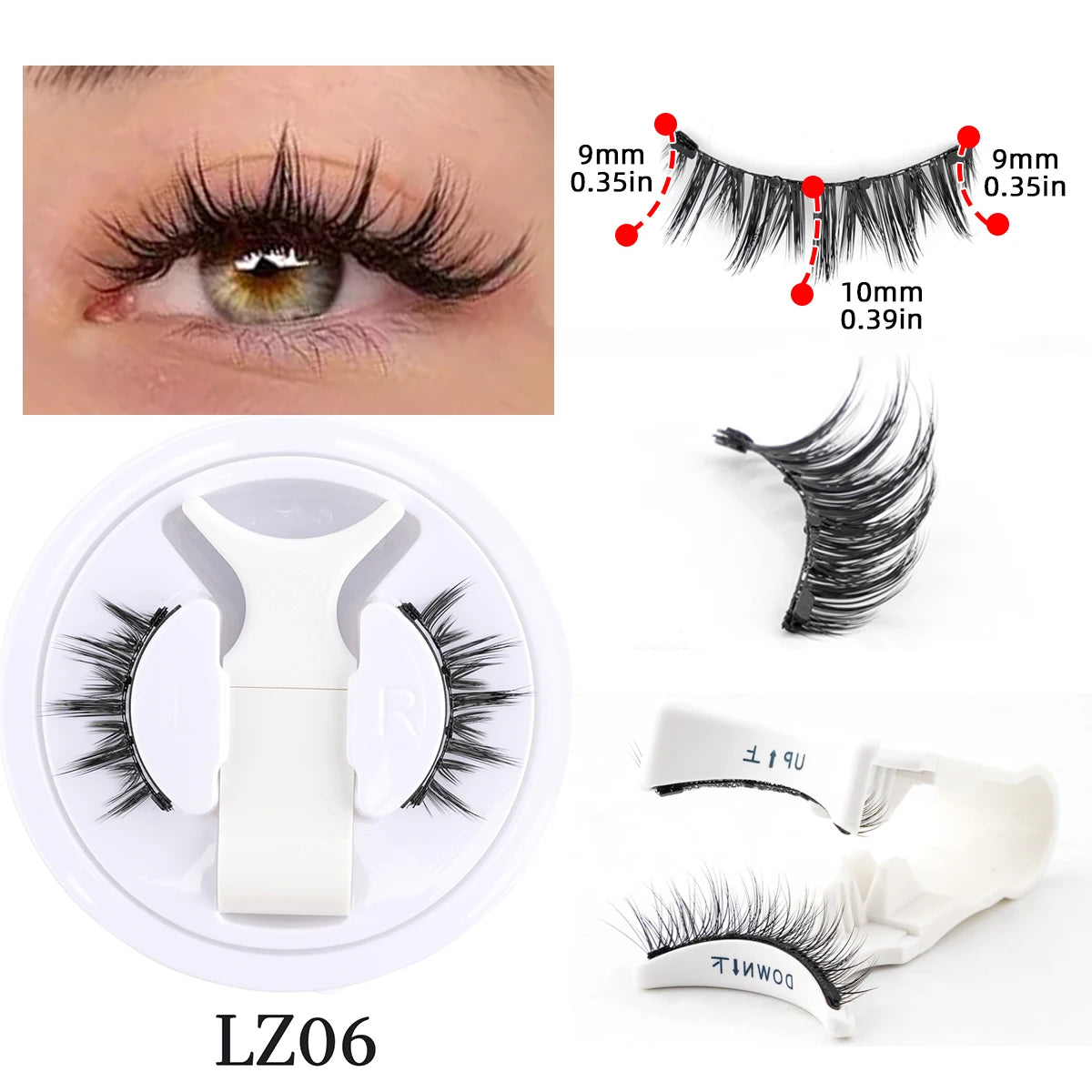 Hot 1 Pair Magnetic Eyelashes Handmade Fluffy Faux Mink Lashes Reusable Natural False Eyelashes and Magnetic Tweezers Set Makeup shown on eye and in packaging with lash length measurements