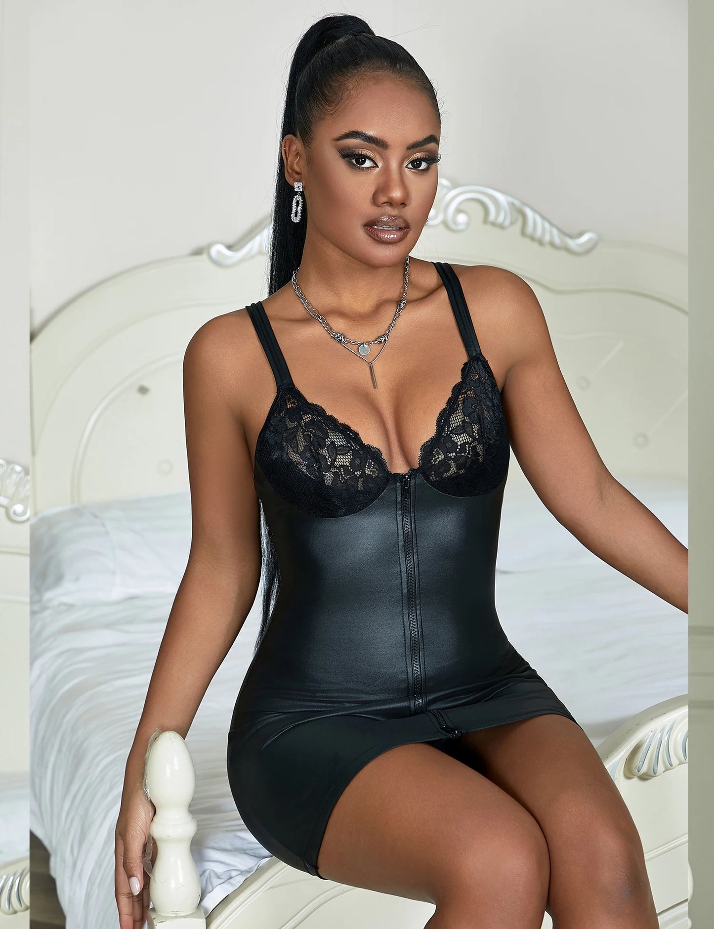 Comeondear Leather Lingerie 3XL Dress Lace Women's Nightie Set Black Nightgowns Curve Wrap Hip Nightdress Sleepwear With Zipper
