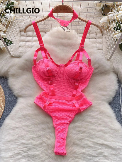 CHILLGIO Women Sexy Erotic Lace Strappy Rompers Lingerie Fashion Elastic Slim Bodysuits Solid Catsuits One Piece Tight Onesie