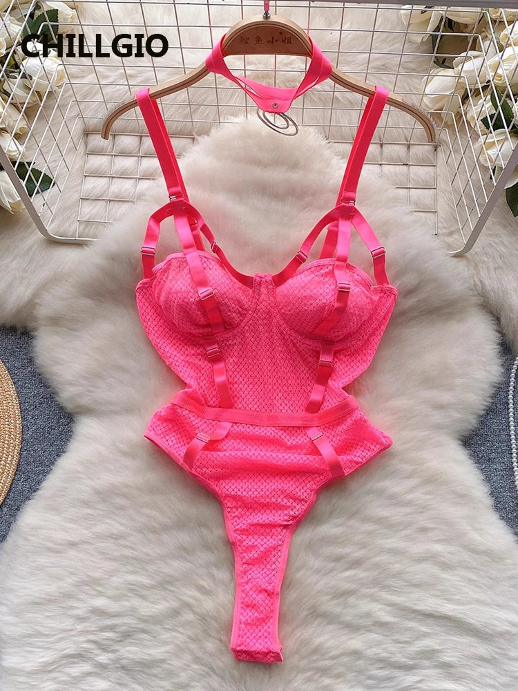 CHILLGIO Women Sexy Erotic Lace Strappy Rompers Lingerie Fashion Elastic Slim Bodysuits Solid Catsuits One Piece Tight Onesie