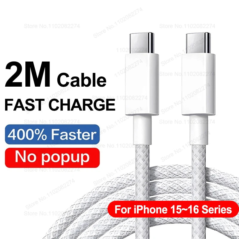 PD 40W Fast Charger For iPhone 14 13 12 11 15 16 Pro Max Phone Charger For iPhone 15 16 Plus USB C Cable Fast Charging Data Line showing a durable 2-meter braided USB-C cable designed for fast charging with no popup notification.
