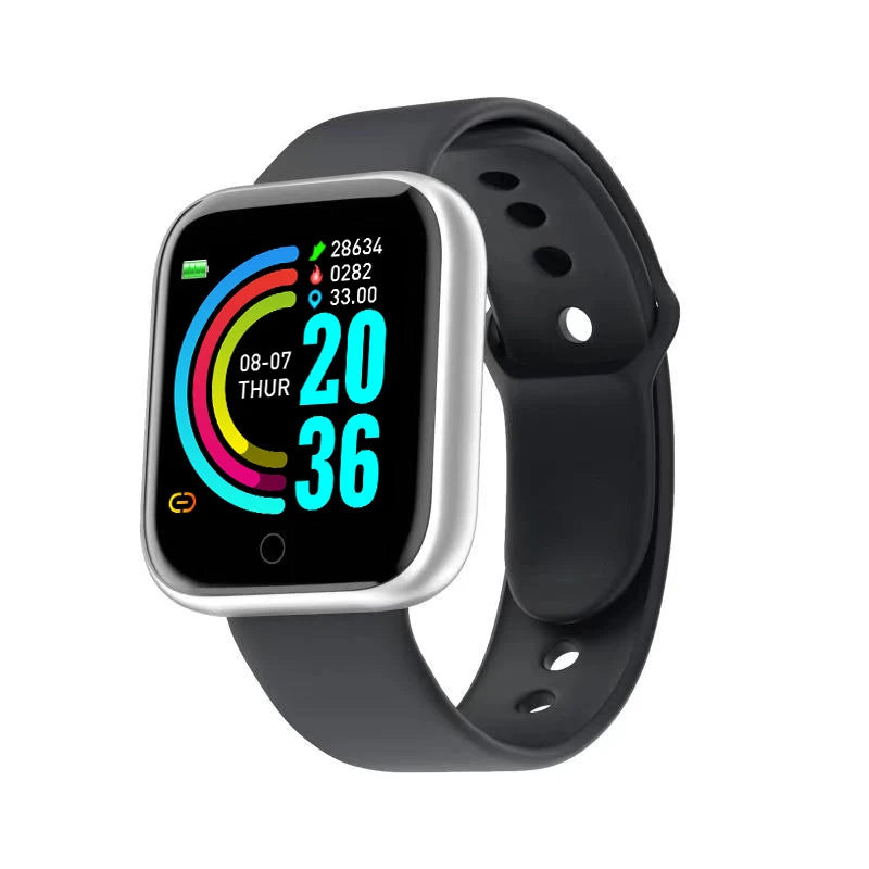 Multifunctional Smart Watch Men Women Bluetooth Connected Phone Music Fitness Sports Bracelet Sleep Monitor Y68 Smartwatch D20 with black strap and colorful fitness tracking display on screen.