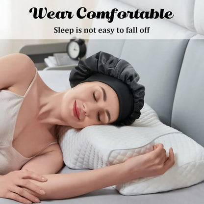 Woman peacefully sleeping on a pillow wearing a black Women Satin Bonnet Hair Bonnet for Sleeping Hair Care Silk Bonnets Solid Wide-brimmed Sleeping Hat with Elastic Soft Band in a cozy bedroom setting.
