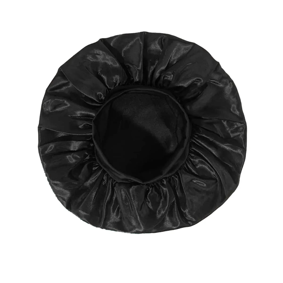 Black satin hair bonnet designed for hair care during sleep featuring a wide brim and elastic soft band, Women Satin Bonnet Hair Bonnet for Sleeping Hair Care Silk Bonnets Solid Wide-brimmed Sleeping Hat with Elastic Soft Band.