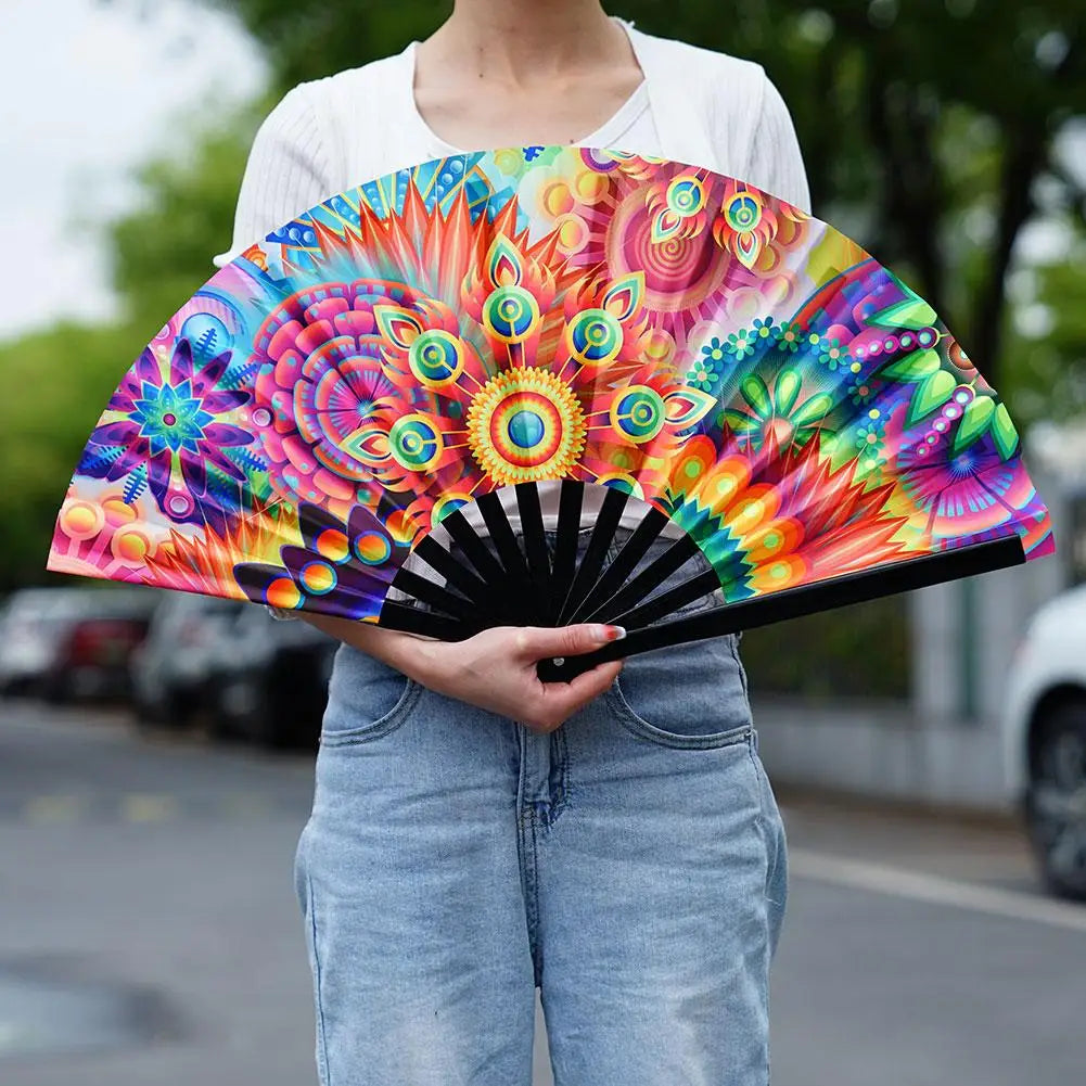 33cm Large Folding Hand Rave Fan Chinease/Japanese Gradient Colorful Reflective Foldable Fan Music Festival Fan Dance Fan Gifts