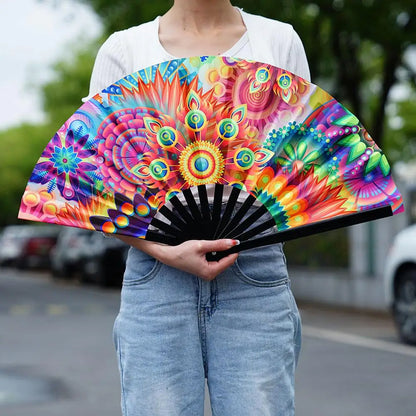 33cm Large Folding Hand Rave Fan Chinease/Japanese Gradient Colorful Reflective Foldable Fan Music Festival Fan Dance Fan Gifts