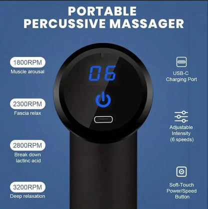 Digital display of Mini Muscle Massage Gun Protable Body Massager Deep Handheld Percussion Massager For Body Back And Neck Leg showing adjustable intensity levels and USB-C charging port features
