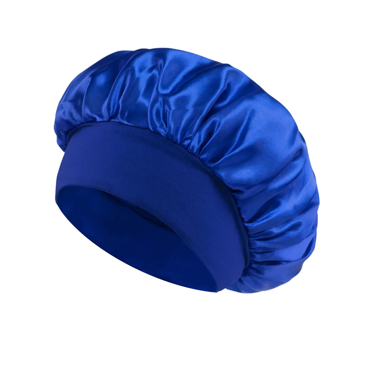 Women Satin Bonnet Hair Bonnet for Sleeping Hair Care Silk Bonnets Solid Wide-brimmed Sleeping Hat with Elastic Soft Band in vibrant royal blue, designed for comfortable nighttime hair protection.