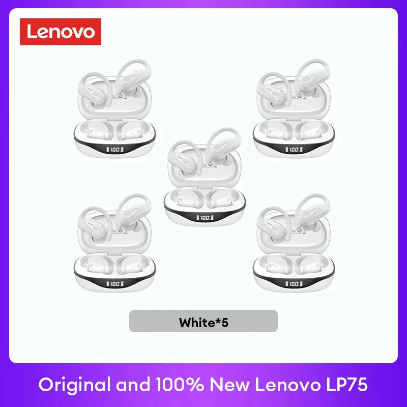 Original Lenovo LP75 TWS Bluetooth V5.3 Headphones Wireless LED Digital Display Earphones Noise Reduction Waterproof Headset New in white, displayed in multiple sets.