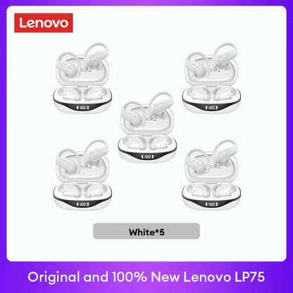 Original Lenovo LP75 TWS Bluetooth V5.3 Headphones Wireless LED Digital Display Earphones Noise Reduction Waterproof Headset New in white, displayed in multiple sets.