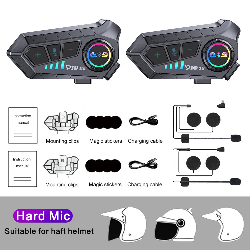 KEBIDUMEI 1/2x Motorcycle Intercom Headset Helmet BT 5.3 For 2 Riders intercommunicator 300M Waterproof Music Sharing Interphone
