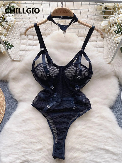 CHILLGIO Women Sexy Erotic Lace Strappy Rompers Lingerie Fashion Elastic Slim Bodysuits Solid Catsuits One Piece Tight Onesie