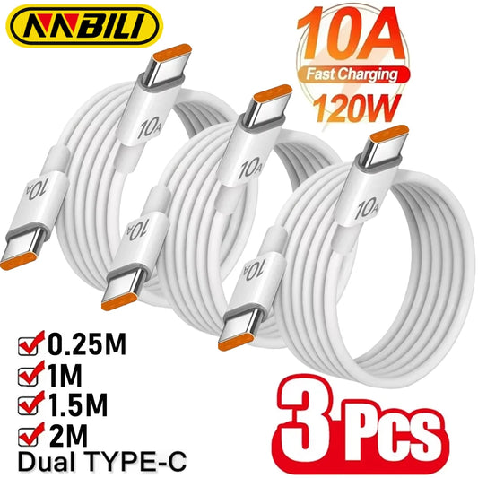 NNBILI 3Pcs Universal 120W 10A Fast Charger PD Dual Type C Quick Charging Cable Data Wire Cord For iPhone 15 16 Samsung HUAWEI set with white cables and orange-tipped connectors displayed with charging specifications and lengths.
