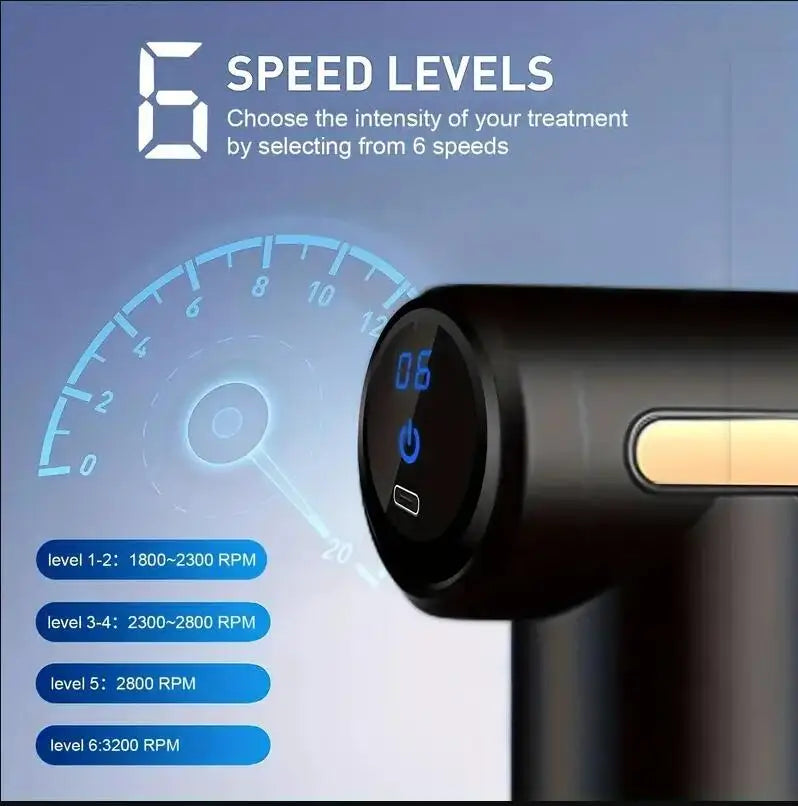 Mini Muscle Massage Gun Protable Body Massager Deep Handheld Percussion Massager For Body Back And Neck Leg showing digital display with 6 adjustable speed levels and RPM settings for customizable intensity.
