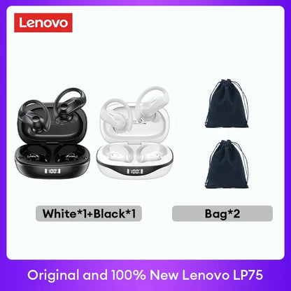 Original Lenovo LP75 TWS Bluetooth V5.3 Headphones Wireless LED Digital Display Earphones Noise Reduction Waterproof Headset New in black and white with two carrying bags displayed.
