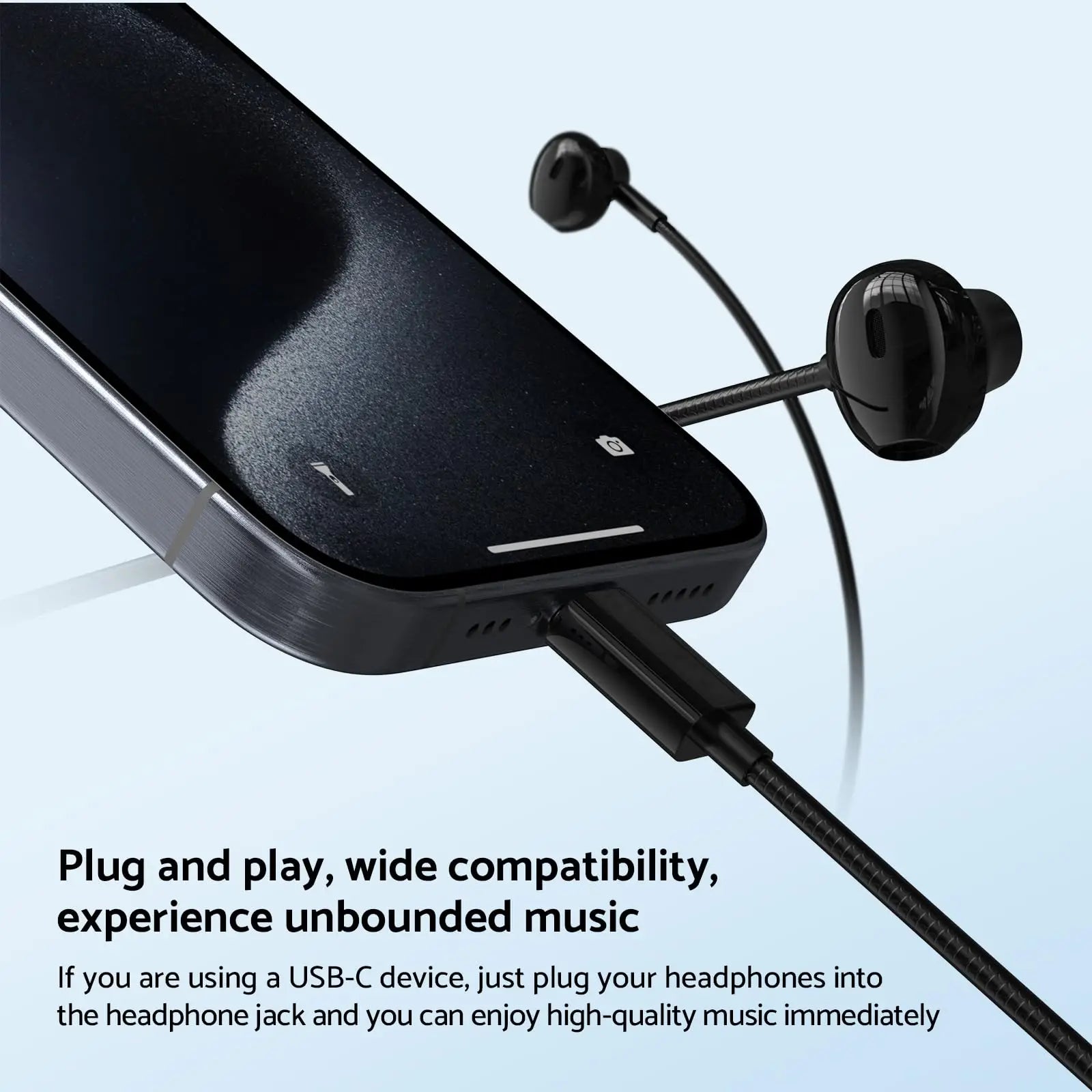 Black wired earplugs connected to a smartphone showing compatibility with For Samsung Headphones HiFi Surround Sound In-ear USB Type C 3.5mm With wire control Wired Earplugs For Galaxy S24 S23 S22 Ultra for high-quality audio experience.