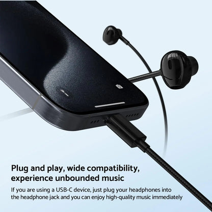 Black wired earplugs connected to a smartphone showing compatibility with For Samsung Headphones HiFi Surround Sound In-ear USB Type C 3.5mm With wire control Wired Earplugs For Galaxy S24 S23 S22 Ultra for high-quality audio experience.
