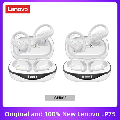 Original Lenovo LP75 TWS Bluetooth V5.3 Headphones Wireless LED Digital Display Earphones Noise Reduction Waterproof Headset New shown in white with charging cases displaying battery level.