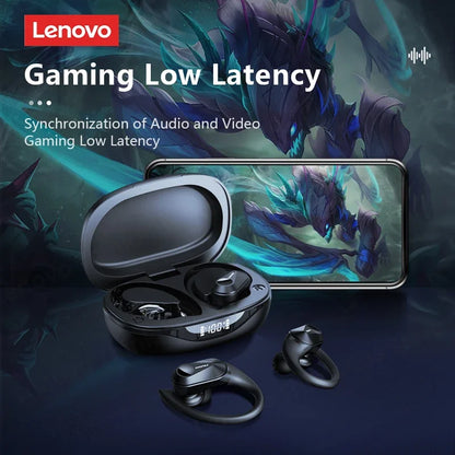 Original Lenovo LP75 TWS Bluetooth V5.3 Headphones Wireless LED Digital Display Earphones Noise Reduction Waterproof Headset New shown with open charging case and phone displaying gaming content highlighting low latency feature.
