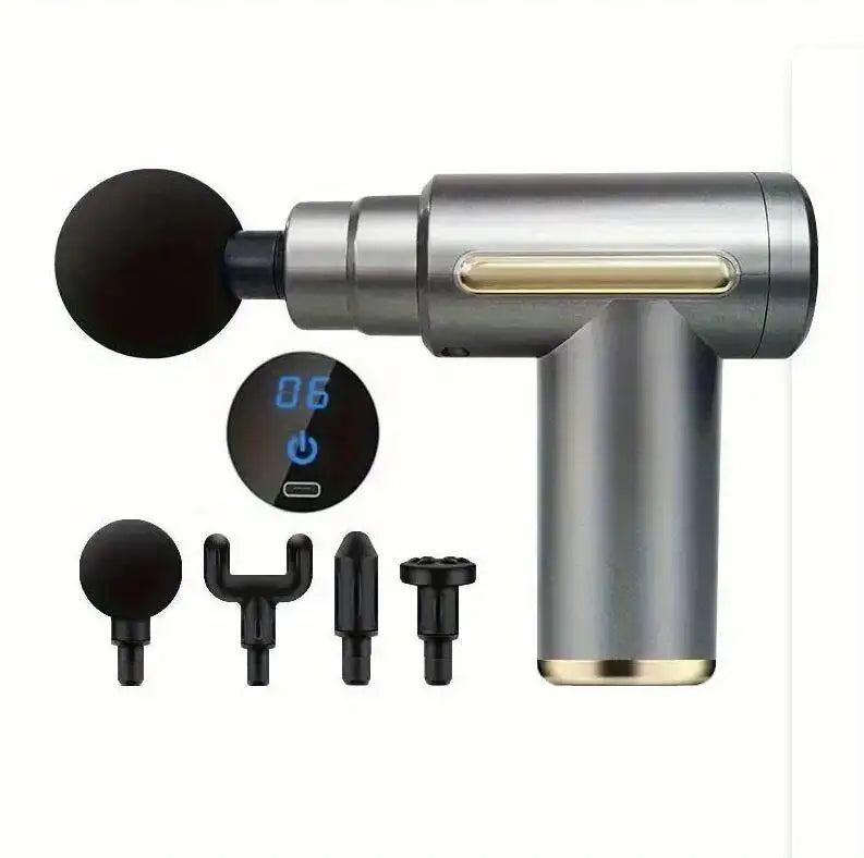 Mini Muscle Massage Gun Protable Body Massager Deep Handheld Percussion Massager For Body Back And Neck Leg in metallic gray with digital display and four interchangeable massage heads.