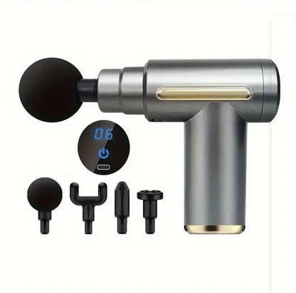 Mini Muscle Massage Gun Protable Body Massager Deep Handheld Percussion Massager For Body Back And Neck Leg in metallic gray with digital display and four interchangeable massage heads.