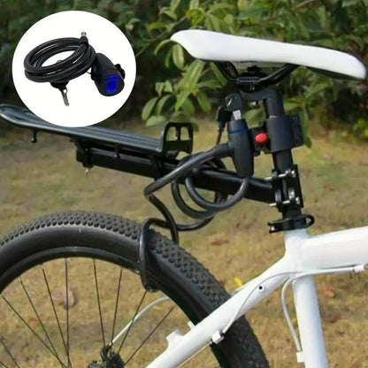 Heavy Duty Motorcycle Chain Lock 80cm Metal Anti Theft Bike Lock with 2 Keys for Maximum Security and Reinforcement of Bicycle securely attached to a black and white bicycle near the seat and rear wheel in an outdoor setting.