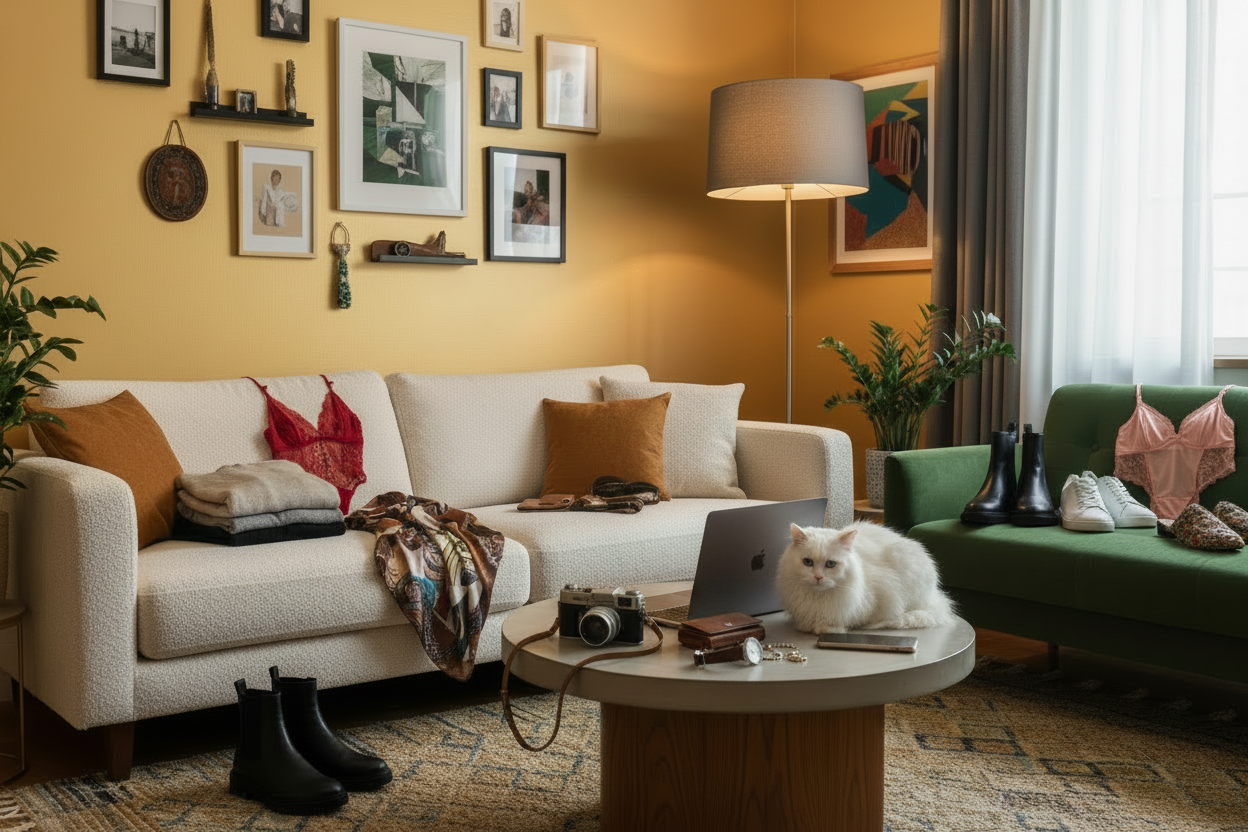 Living room with a white sofa, green chair, and coffee table with a laptop and camera. Add Red lingerie on back  of sofa. Pink lingerie on back of green chair. Watch and wallet on table. White fluffy cat sitting on 